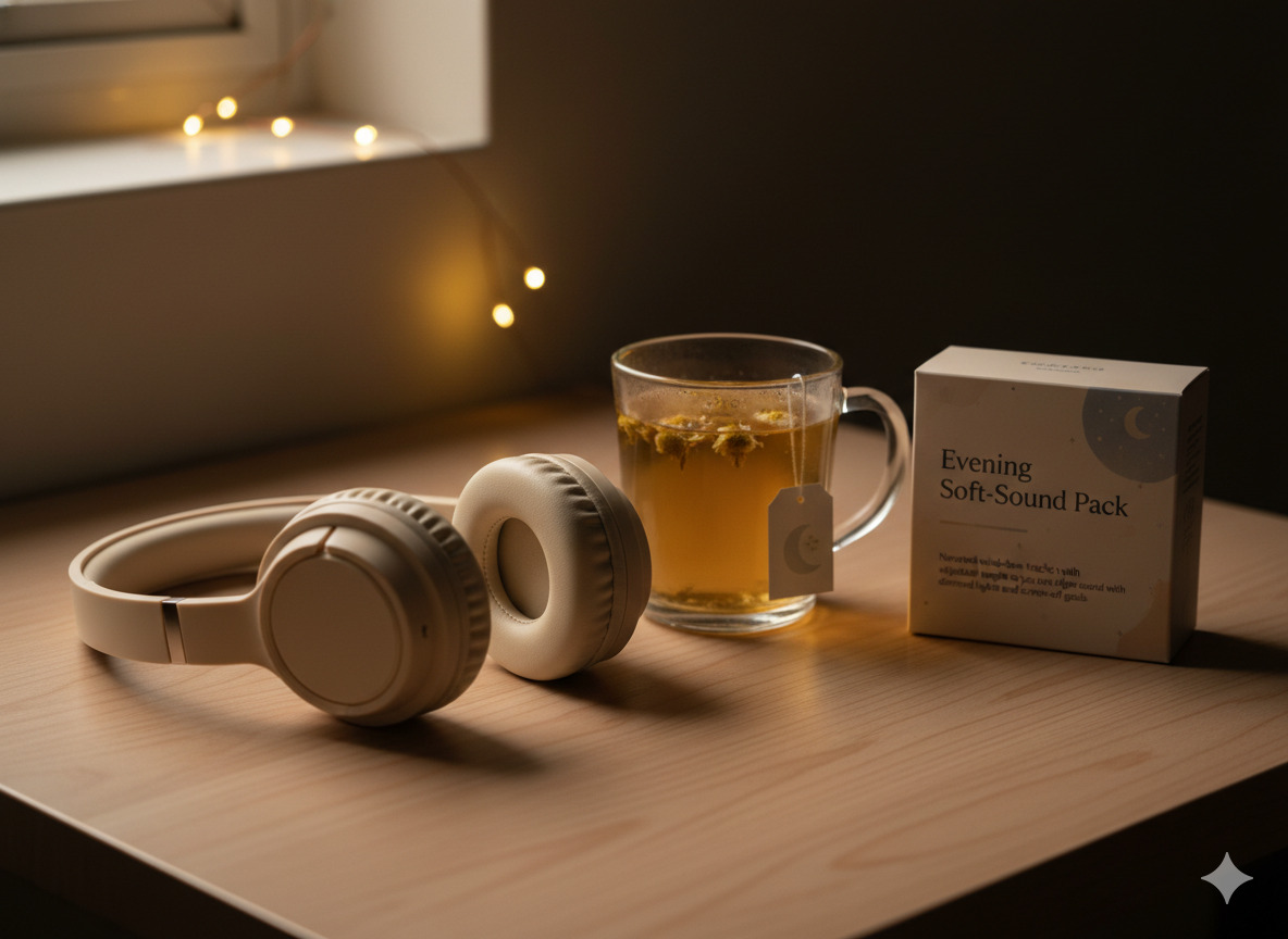 Headphones resting beside a chamomile tea cup